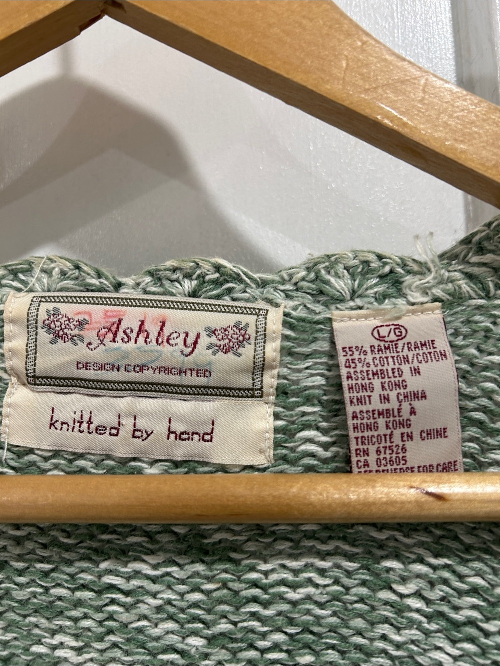 Vintage Ashley Hand Knitted Sage Green Floral Diamond Pattern Cardigan Sweater L - Picture 8 of 8